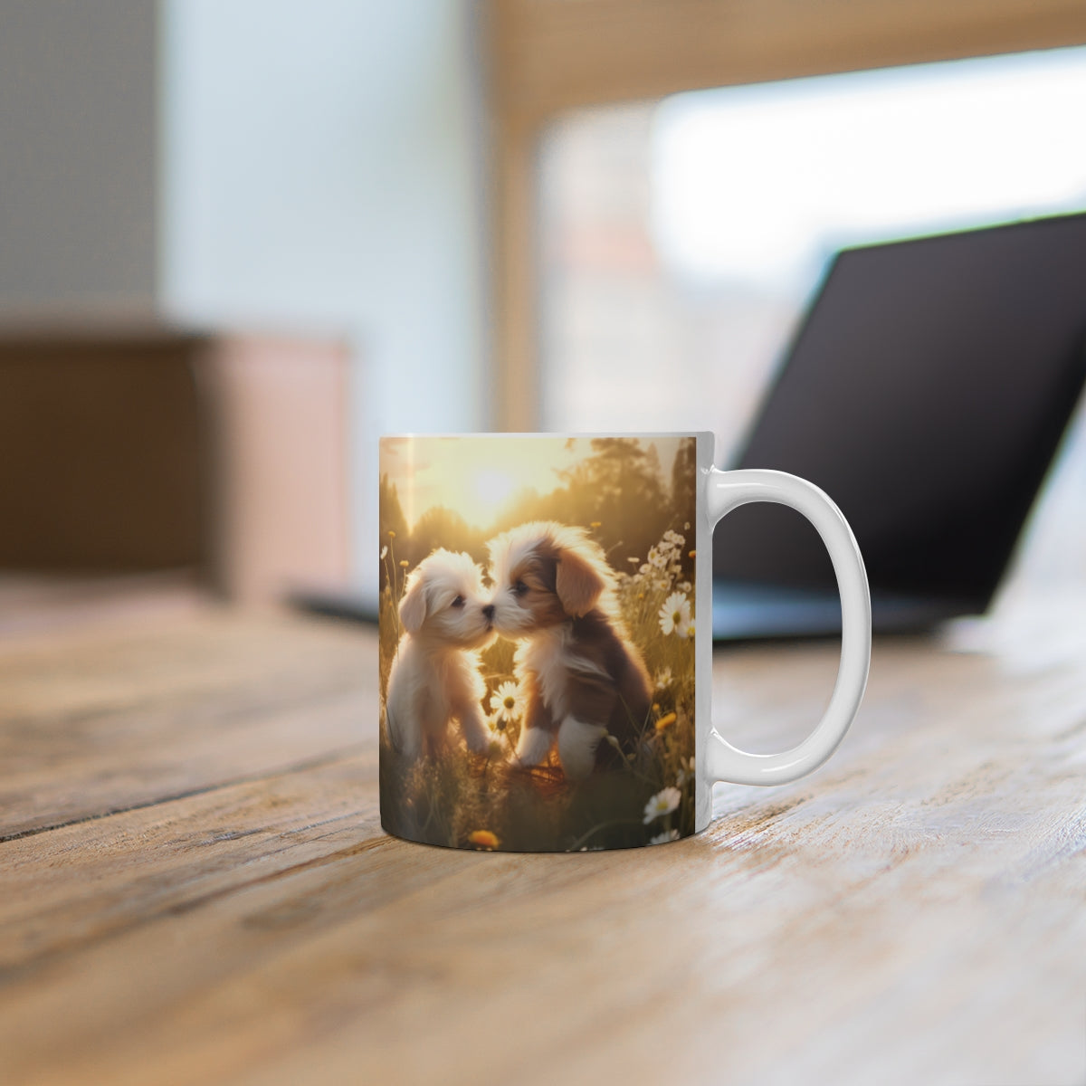 Cute Puppies in Field with Daisies Design Mug