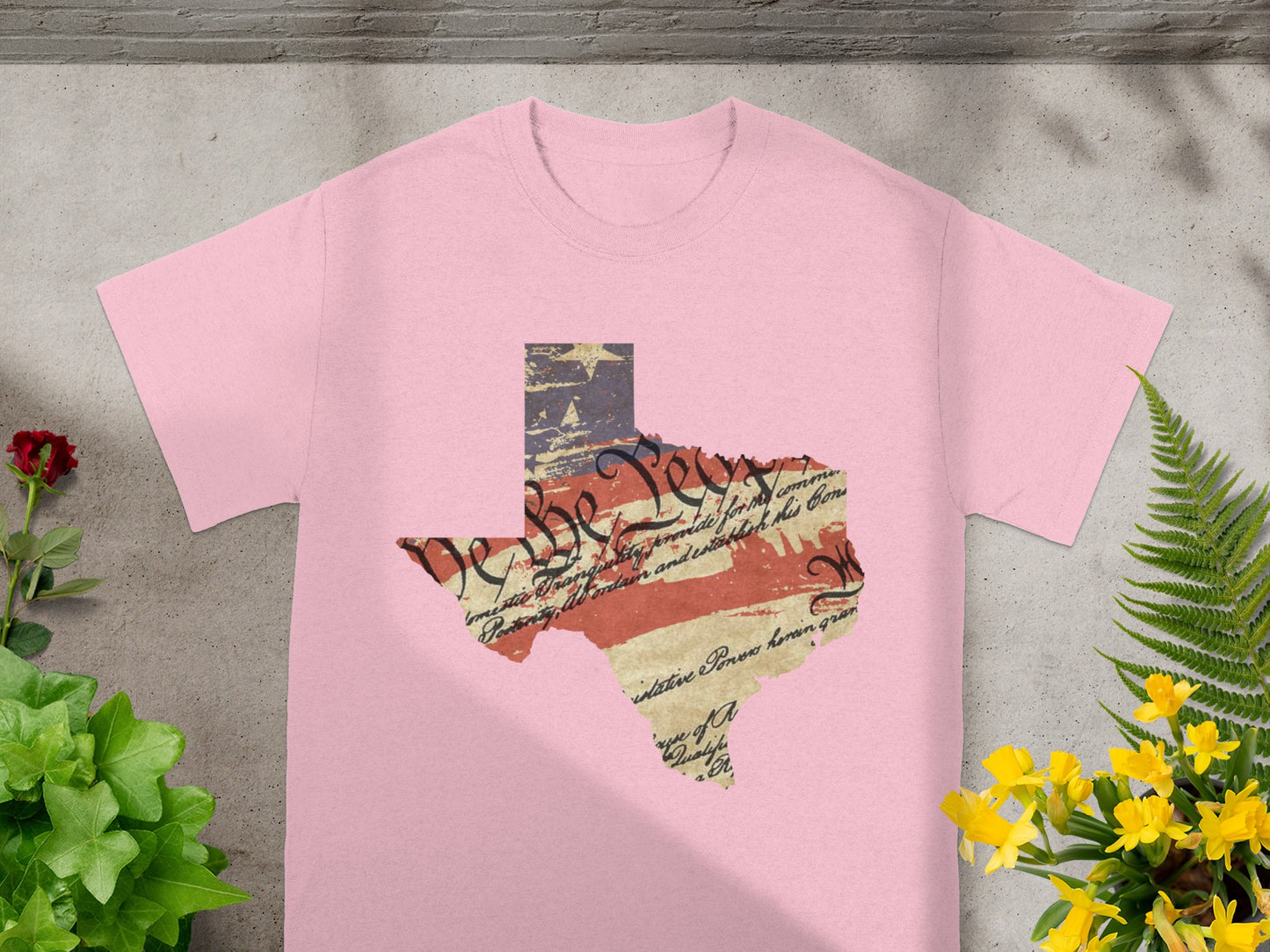 Pink t-shirt with Texas map in US Constitution and flag design.