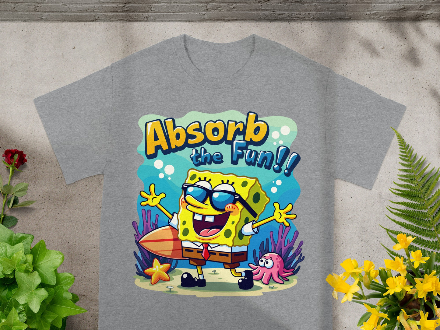 SpongeBob SquarePants wearing sunglasses holding a surfboard, text "Absorb the Fun!!".