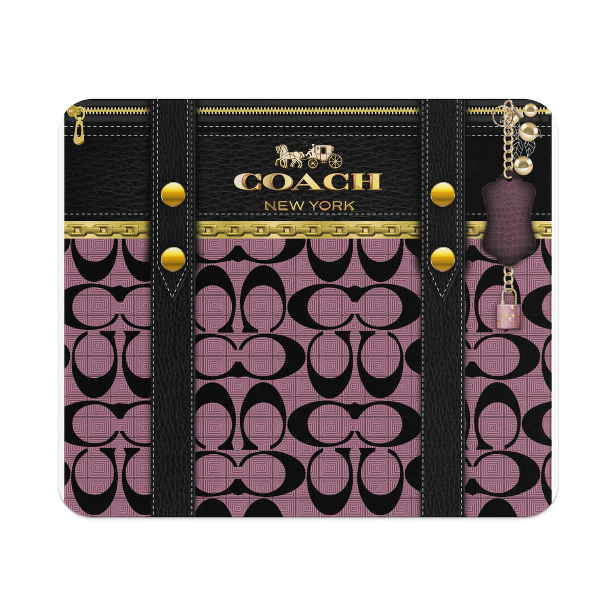 Coach pattern with leather straps, gold zipper, chain, charm, and lock.
