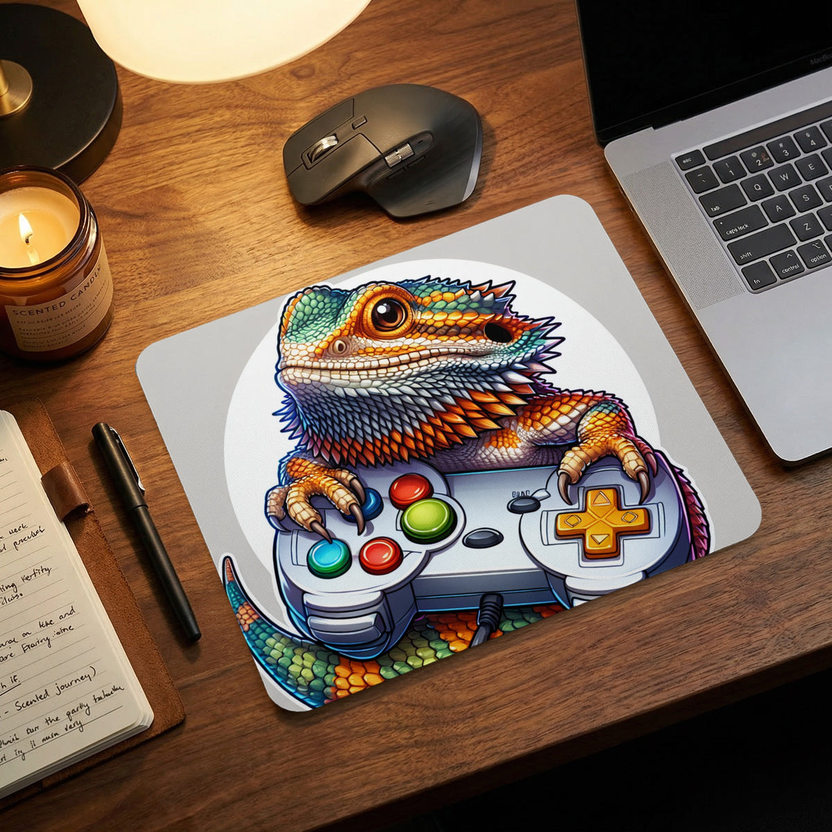 Mousepad with an illustrated colorful bearded dragon holding a video game controller on a wooden desk.