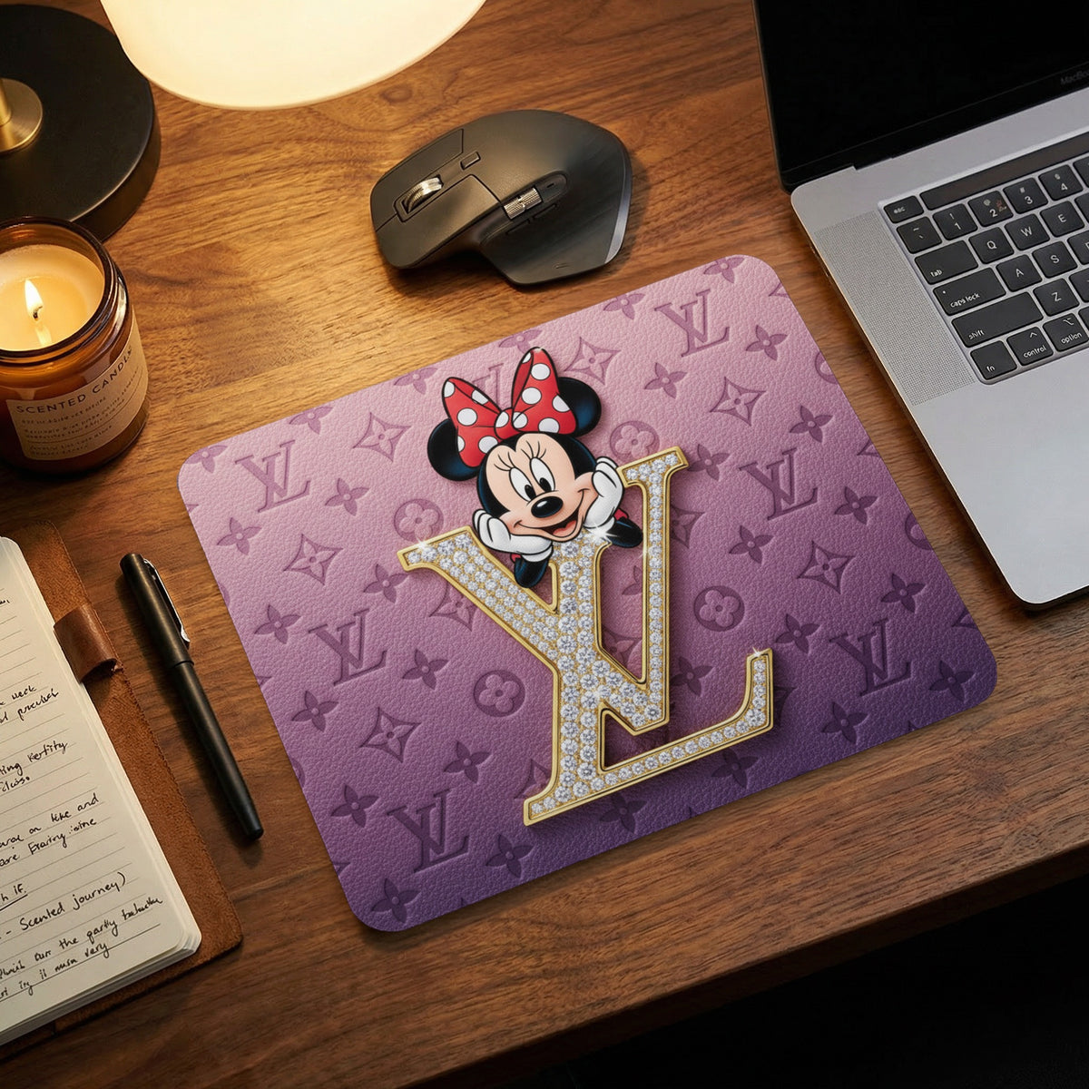 Minnie Mouse on a purple mousepad with LV pattern and diamond Y.