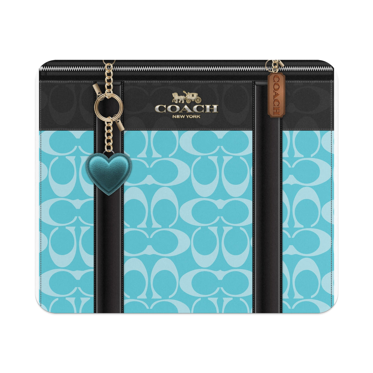 Coach New York teal monogram pattern wallet with gold chain and heart charm.