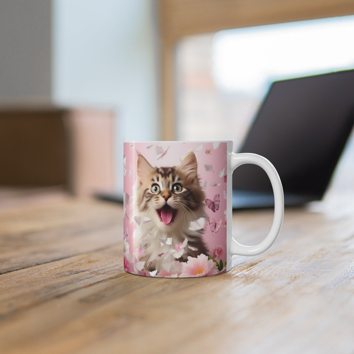 Delightful Pink Background with Happy Cat Mug
