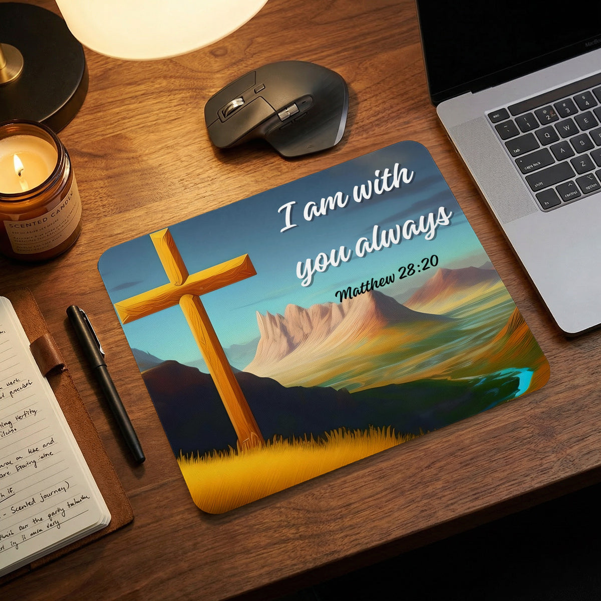 Mousepad featuring a wooden cross landscape graphic and the text I am with you always Matthew 28:20 on a wooden desk.