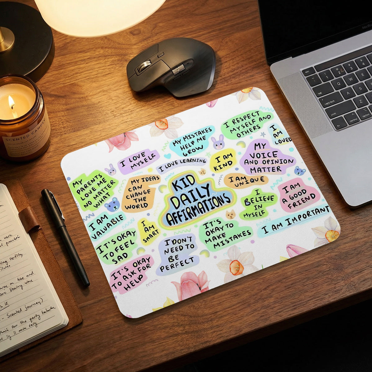 Kid Daily Affirmations mousepad with positive self-talk phrases and illustrations.