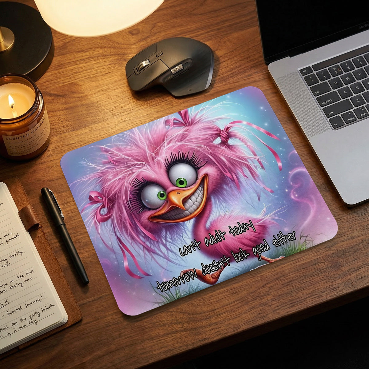 A pink furry bird mouse pad on a wooden desk with a laptop, mouse, and candle.