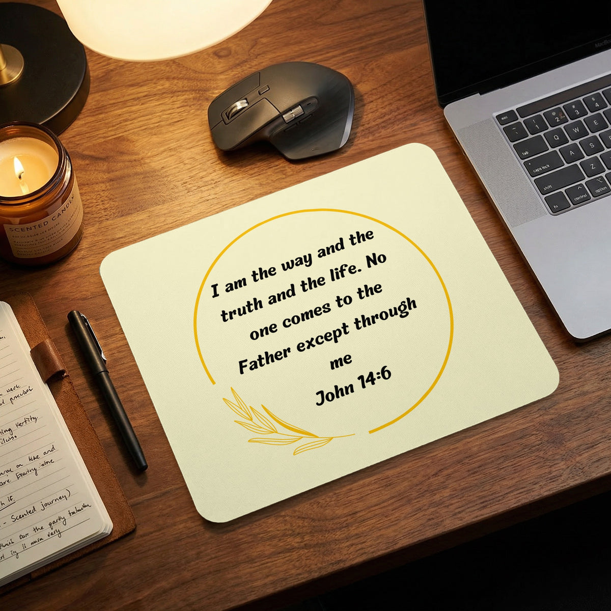 Off-white mouse pad featuring the John 14:6 Bible verse inside a golden circle and leaf illustration.