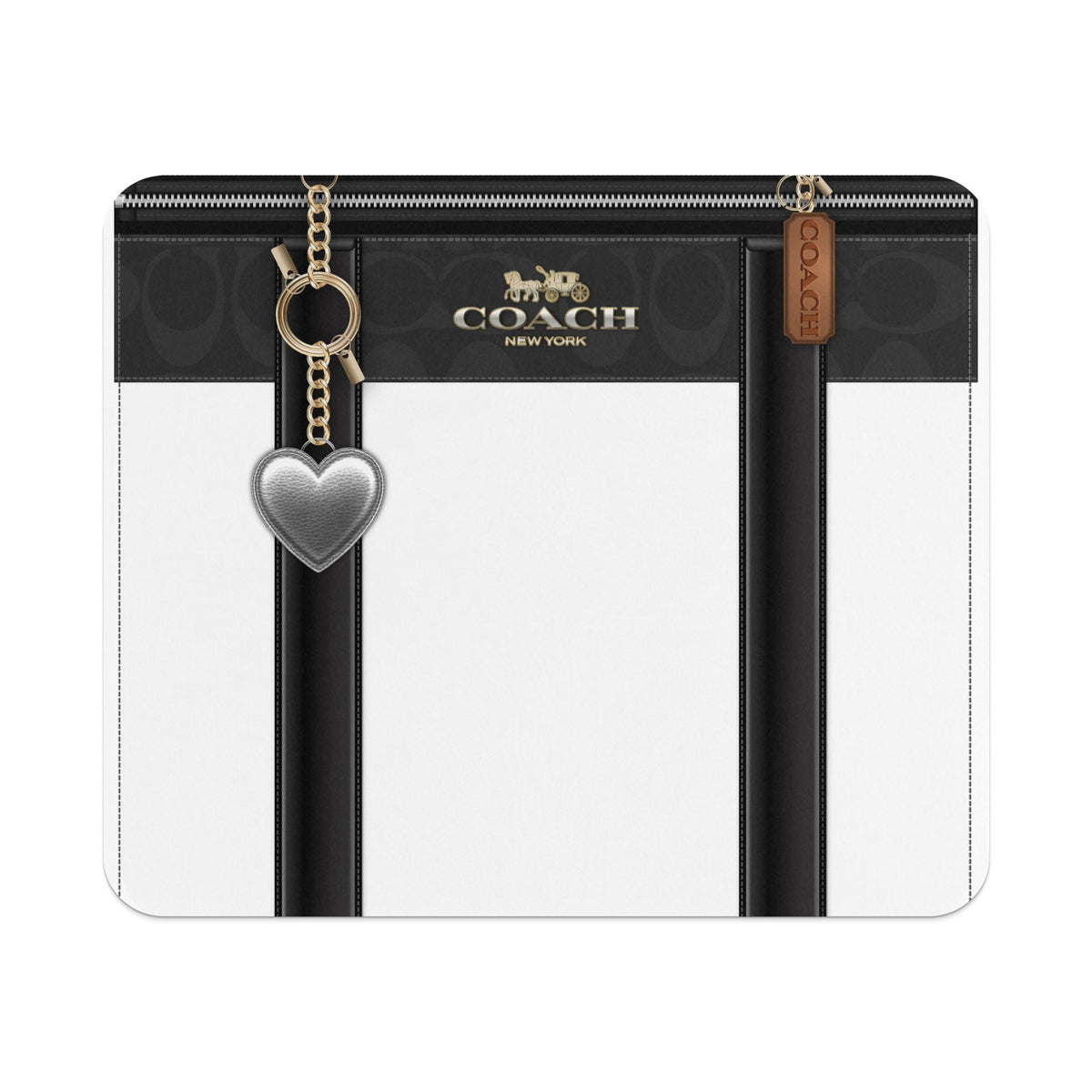 Coach pattern wallet with heart charm and "Coach New York" logo.