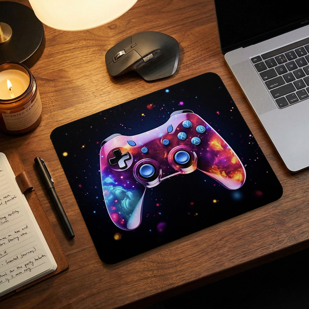 A rectangular black mousepad featuring a glowing cosmic video game controller design on a wooden desk.