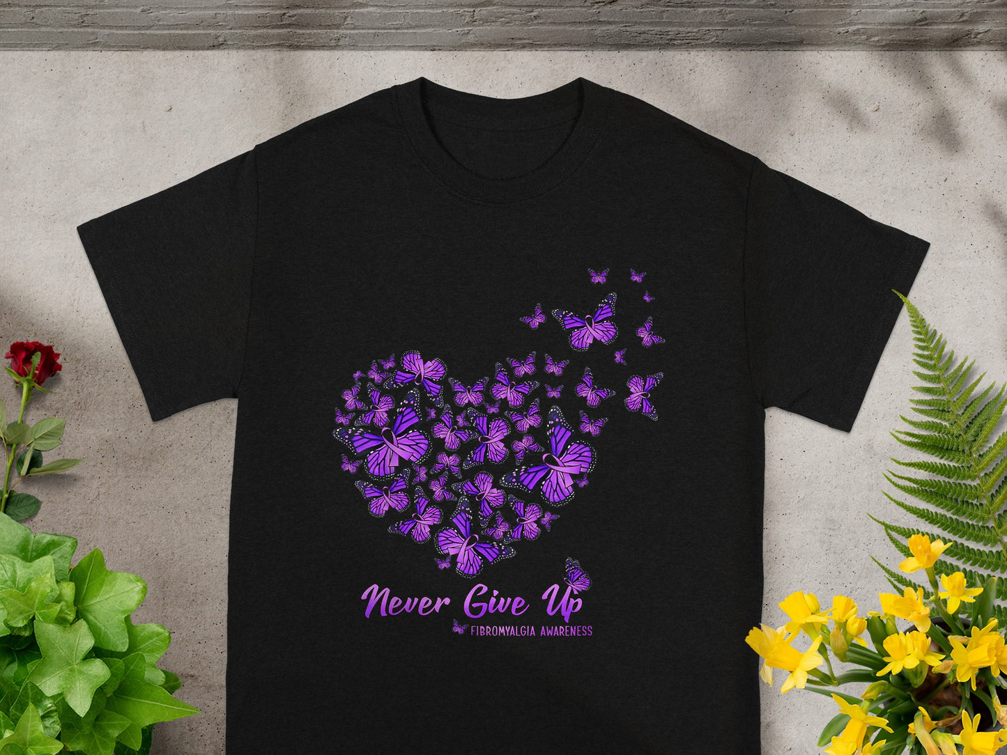 Never Give Up Fibromyalgia Awareness Heart Butterfly Tee