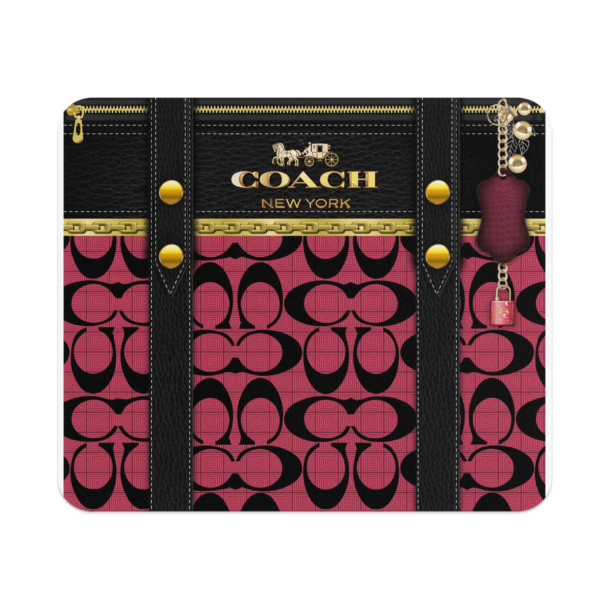 Coach print wallet with gold hardware, chain, and burgundy accent.