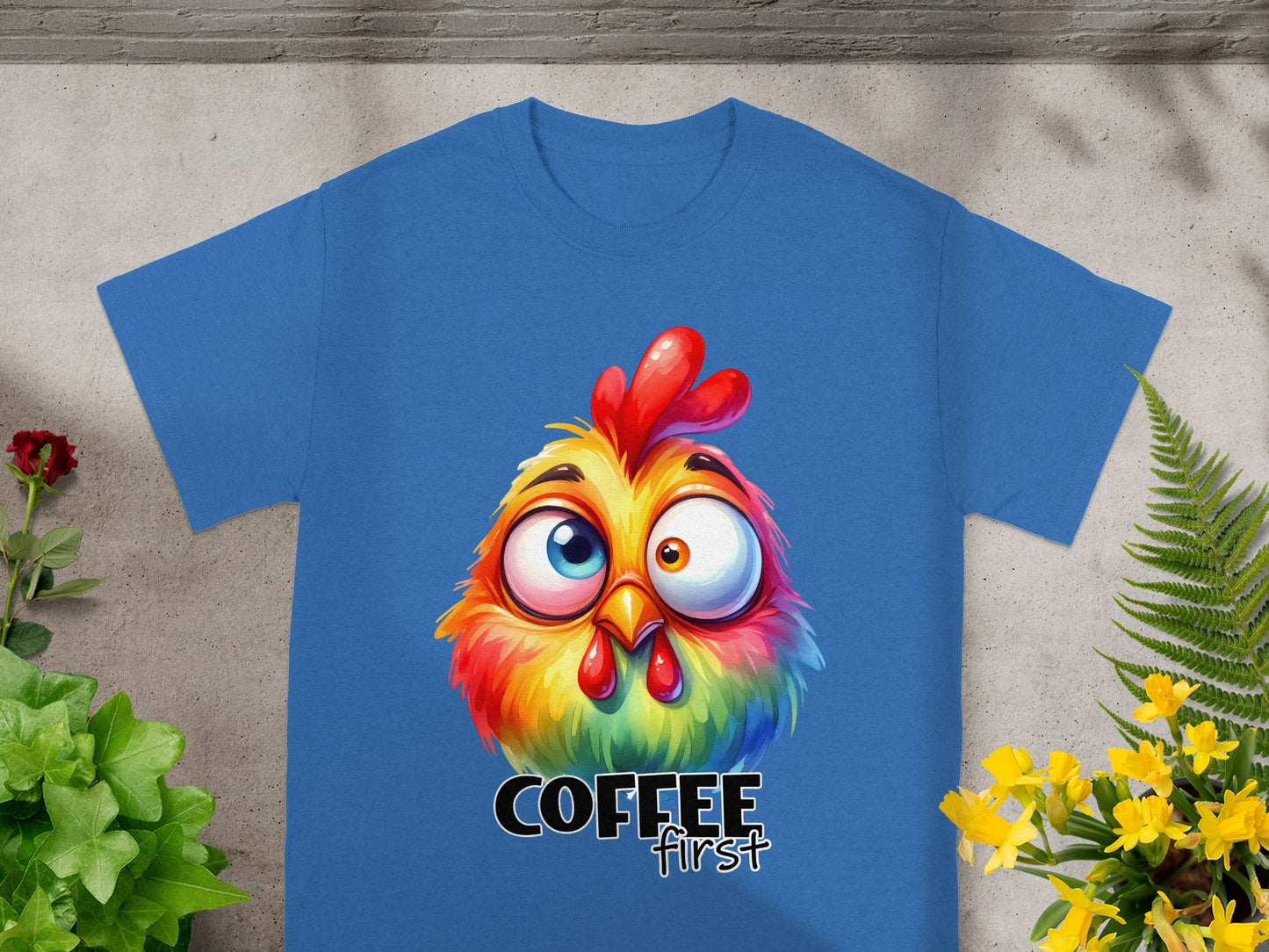 Colorful Rooster Coffee First Graphic T-Shirt