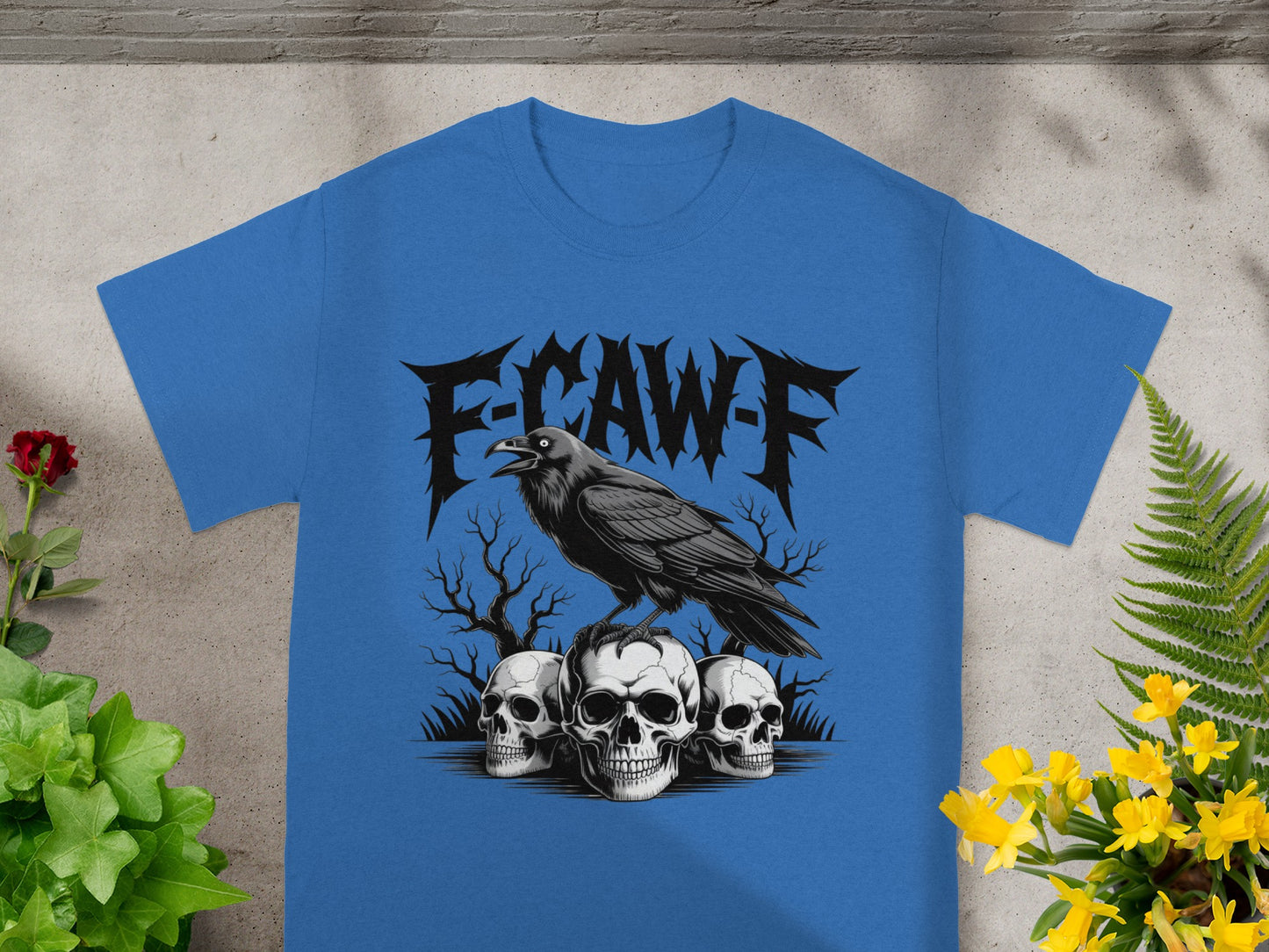 E-Caw-F Raven and Skulls Graphic Blue Shirt Product