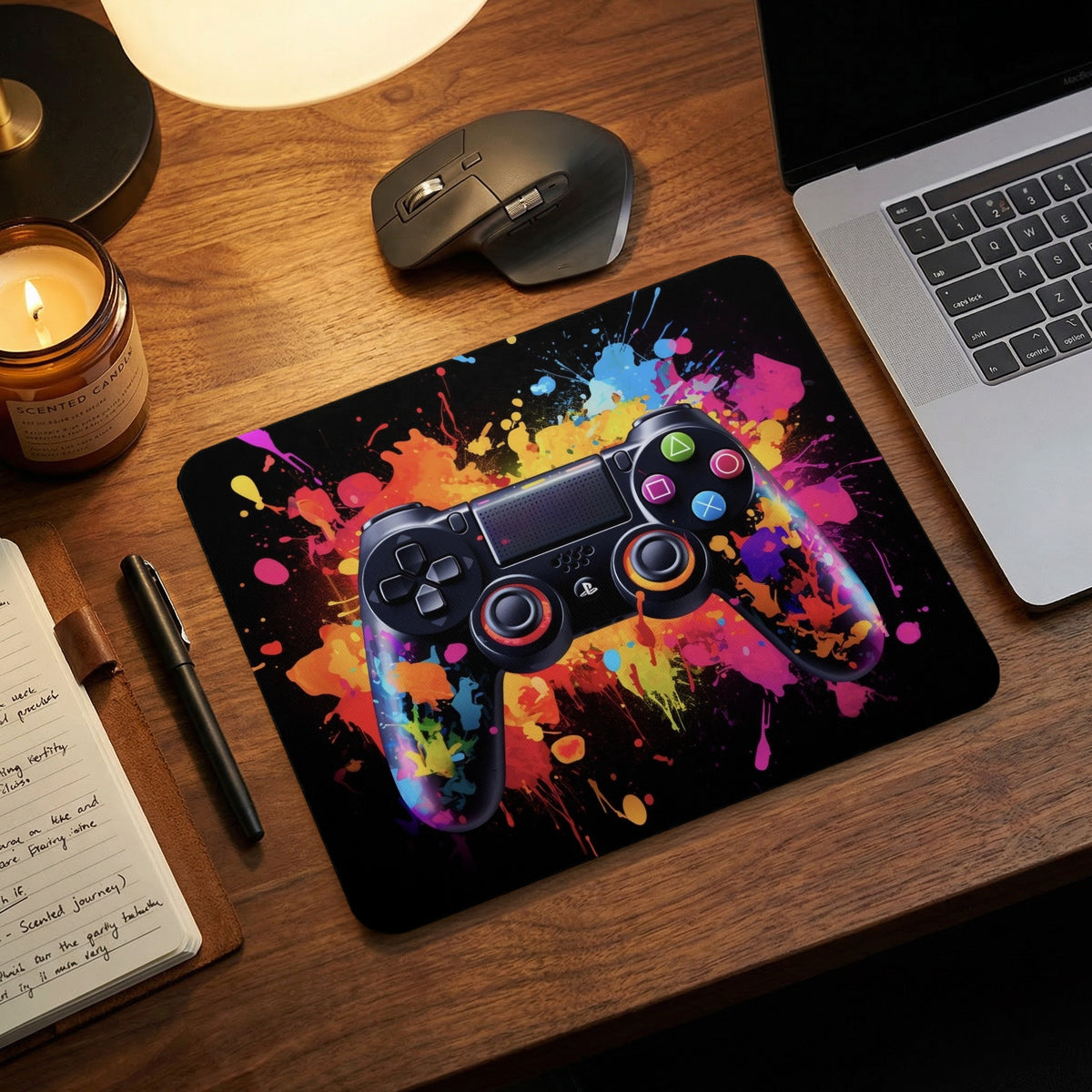 A rectangular mousepad featuring a black game controller amidst vibrant colorful paint splatters on a wooden desk.