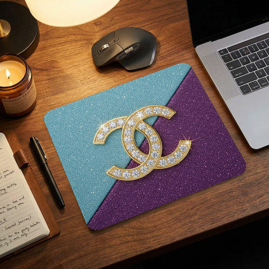 Sparkling CC logo mousepad with blue and purple glitter halves.