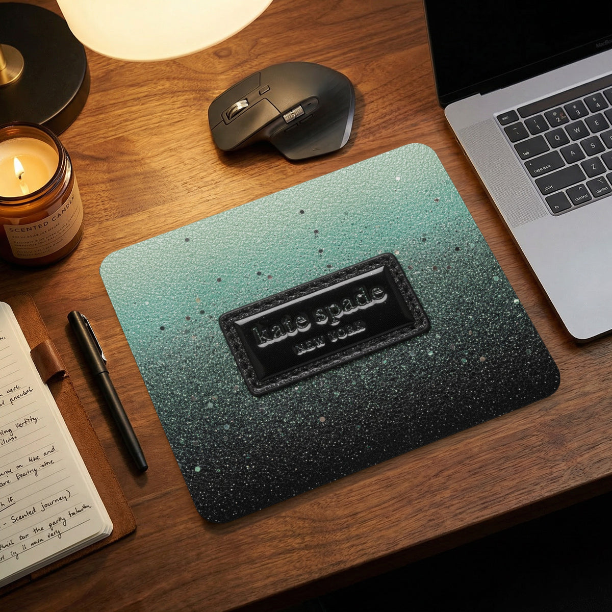 Mousepad with gradient glitter design and Kate Spade New York logo.