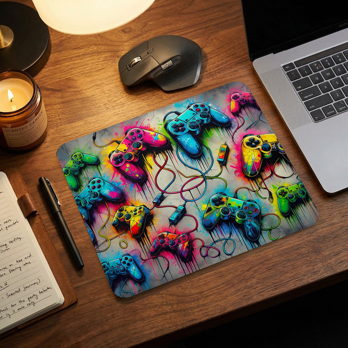 A colorful, graffiti-style mousepad featuring multiple game controllers lies on a wooden desk near a laptop.