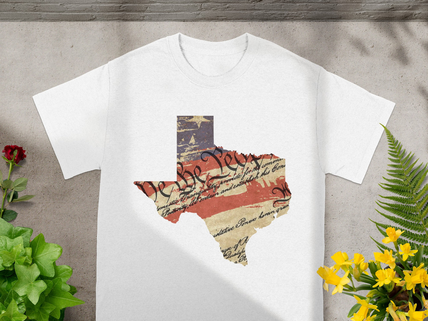 White t-shirt with Texas shape featuring US flag and Constitution text.
