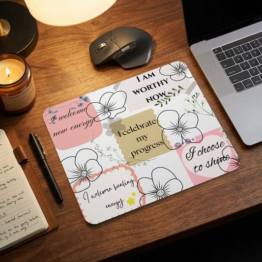 Mousepad with floral design and affirmations: "I AM WORTHY NOW," "I welcome new energy," "I celebrate my progress," "I choose to shine."