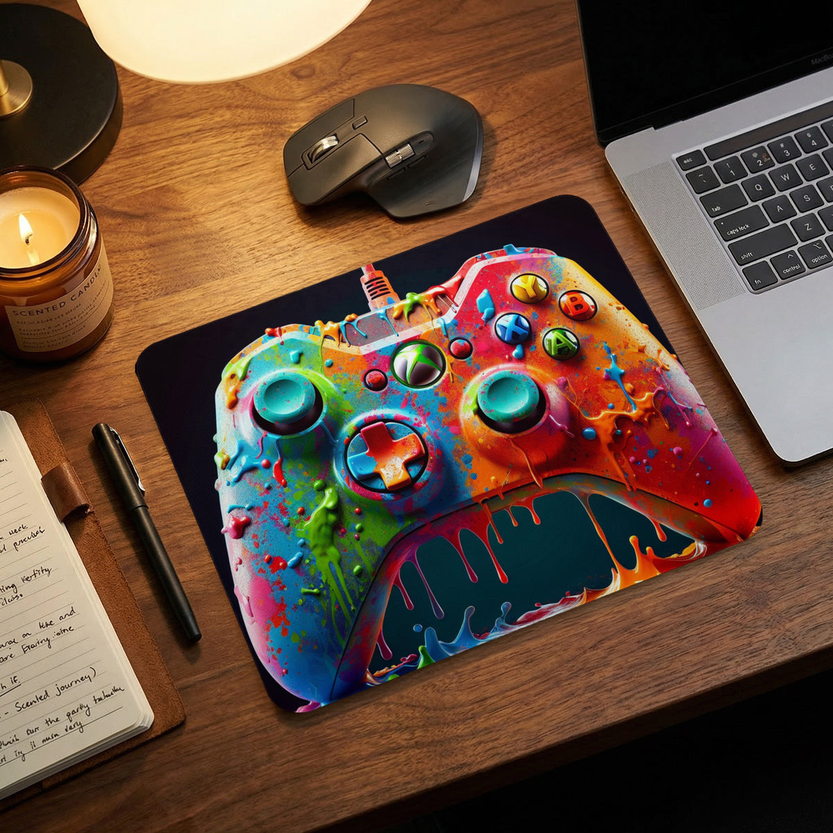 A rectangular gaming mouse pad featuring a vibrant, paint-splattered Xbox controller design on a wooden desk.