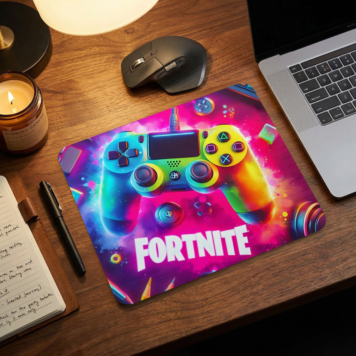 A rectangular gaming mousepad featuring a colorful Fortnite controller graphic sits on a wooden desk next to a laptop.