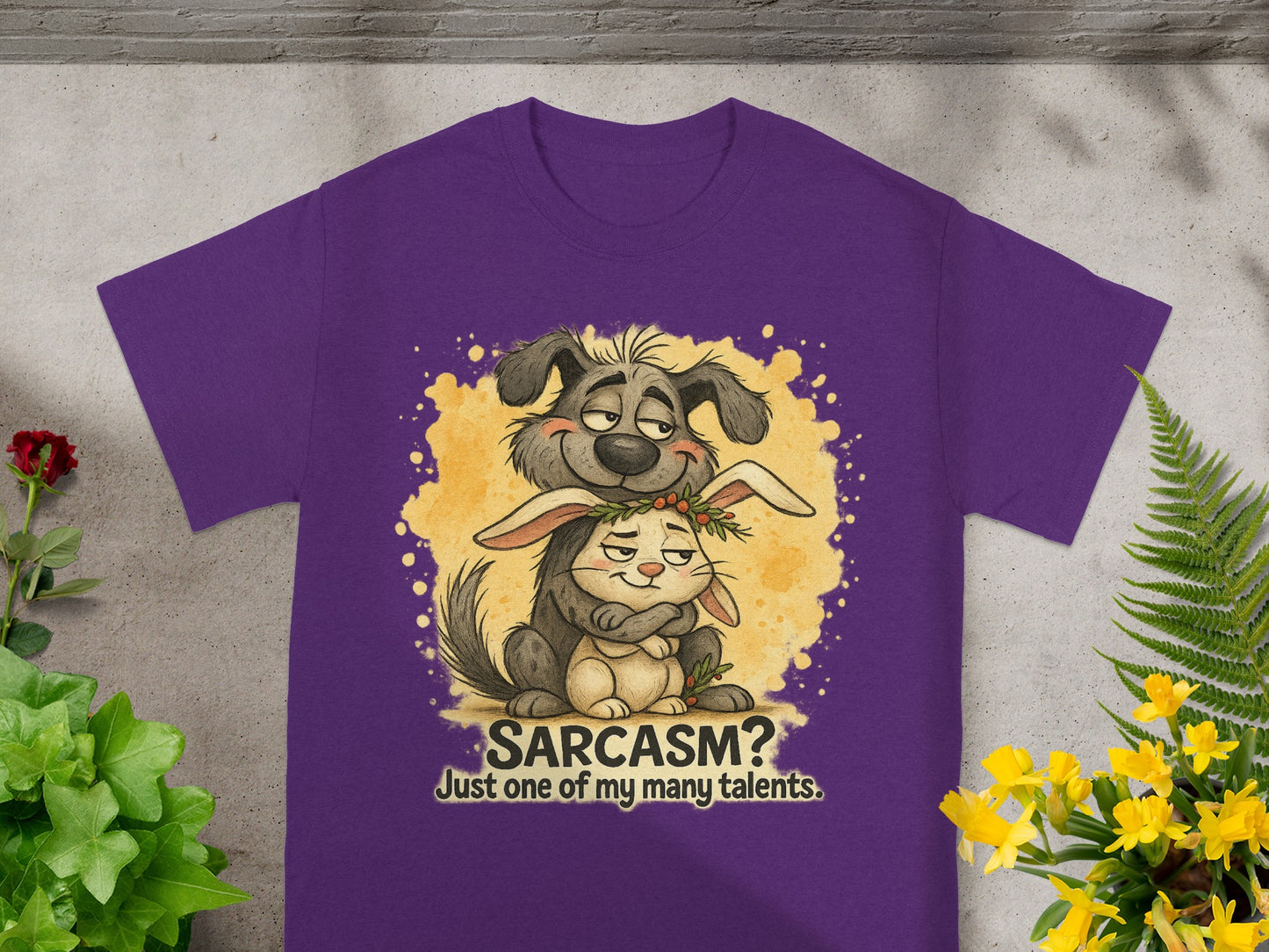 Purple t-shirt with cartoon dog hugging a rabbit, "SARCASM? Just one of my many talents."