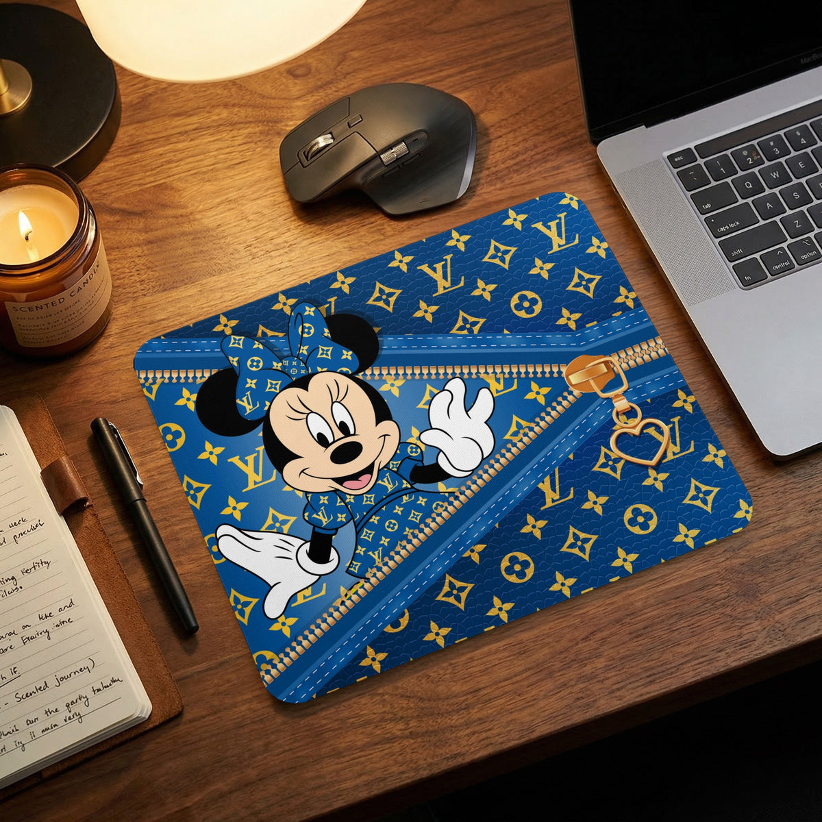 Minnie Mouse on blue and gold LV monogram mousepad with gold zipper and heart charm.