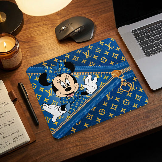 Minnie Mouse on blue and gold LV monogram mousepad with gold zipper and heart charm.