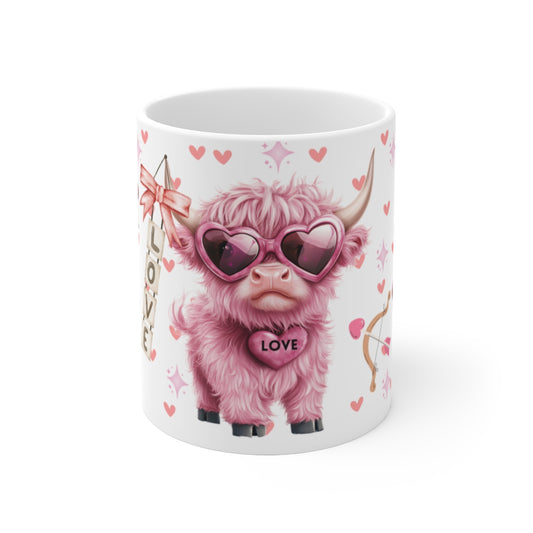 Cute Pink Love Cow with Heart Sunglasses Mug