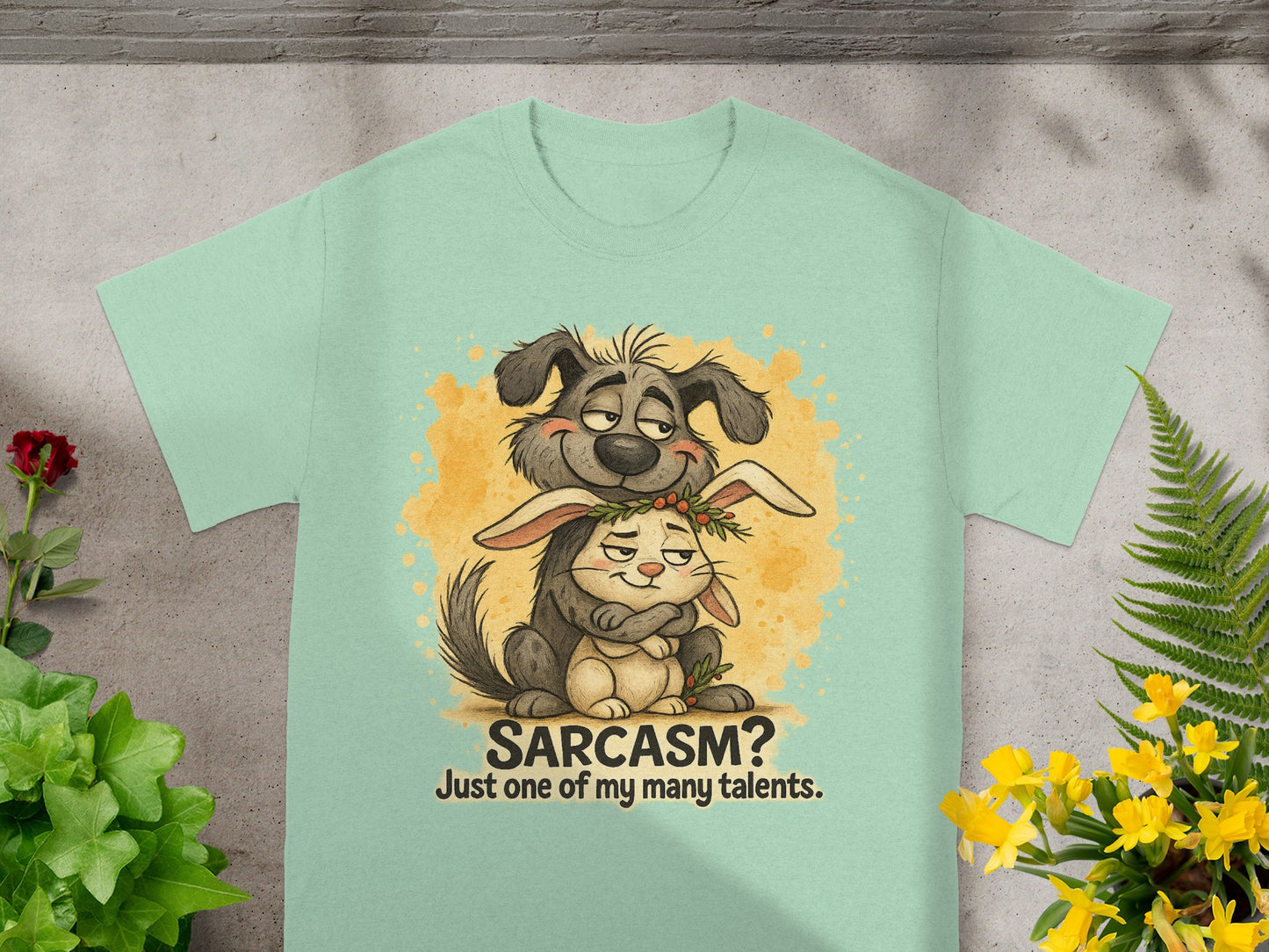 Dog hugging a rabbit with the text "Sarcasm? Just one of my many talents."