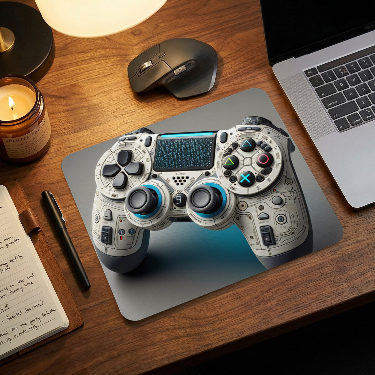 An overhead view of a desk featuring a grey mousepad with a white and blue gamepad printed on it.