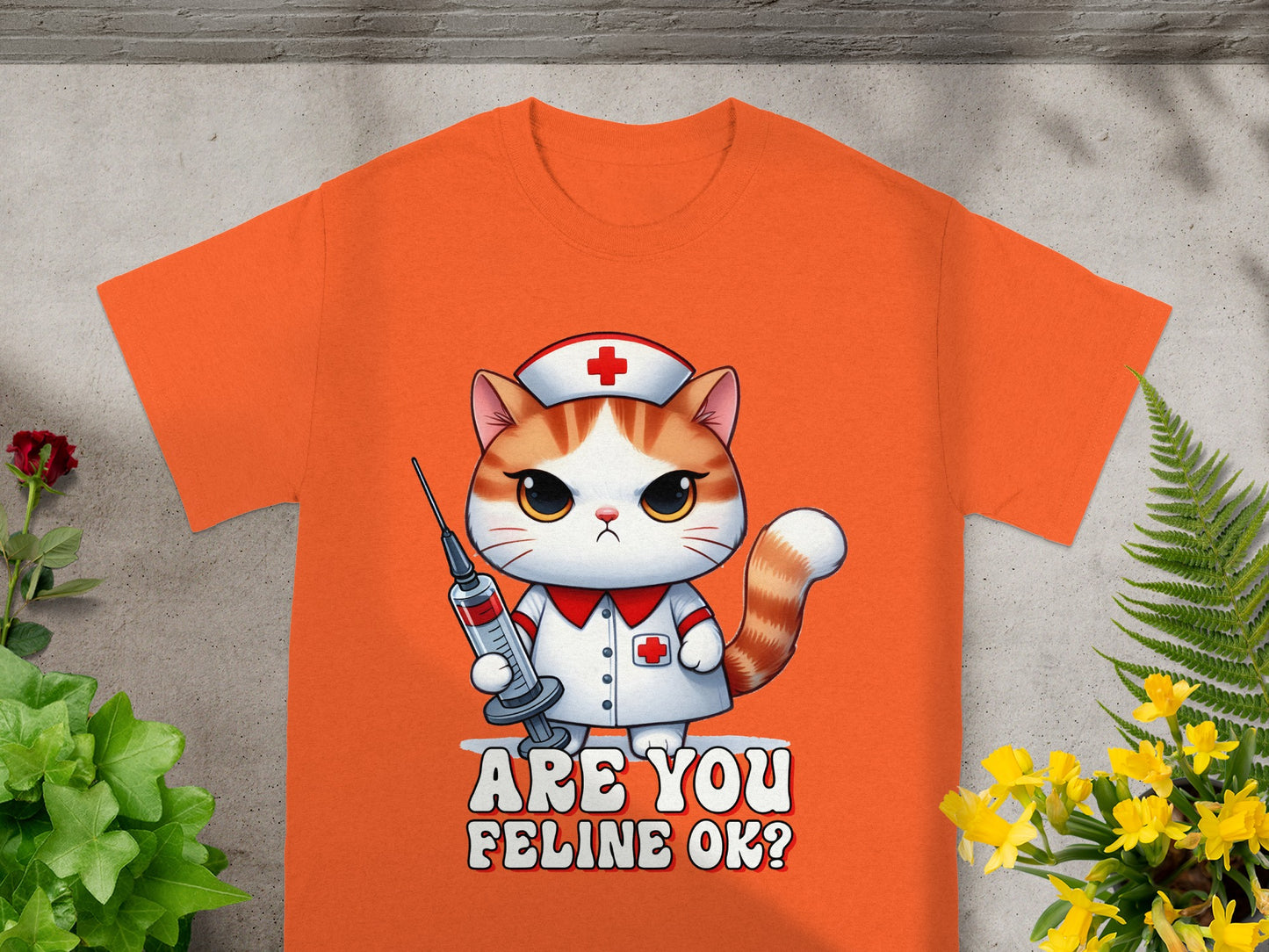 Orange T-Shirt Featuring Cute Nurse Cat 'Are You Feline OK?'
