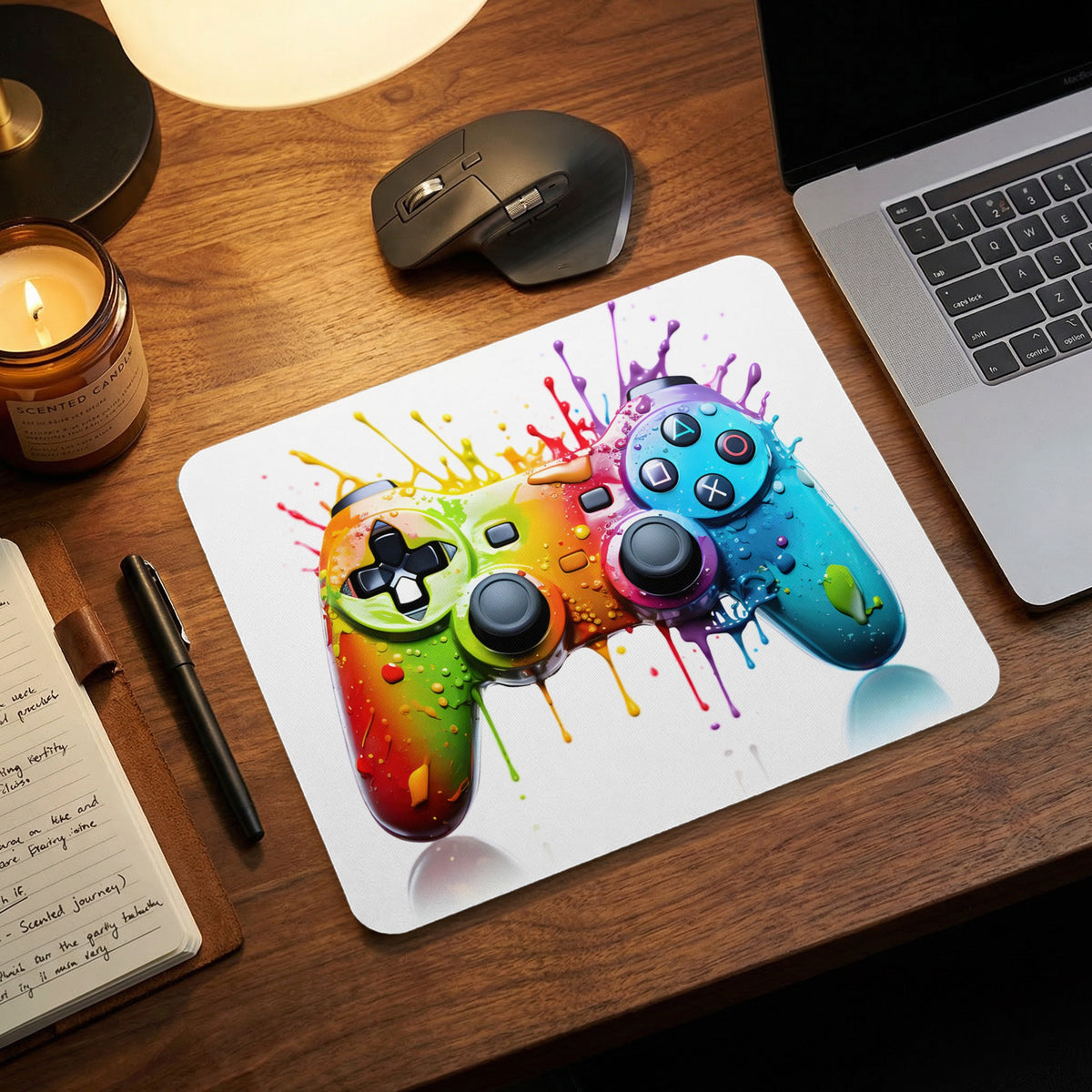 A white mousepad featuring a colorful, paint-splashed video game controller rests on a wooden desk.