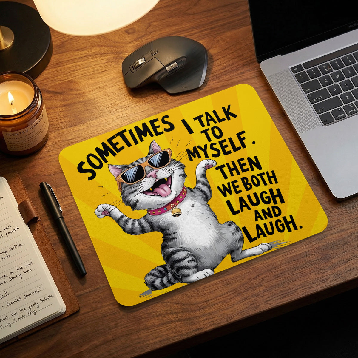 Yellow rectangular mousepad with a dancing cat wearing sunglasses and the text Sometimes I talk to myself.
