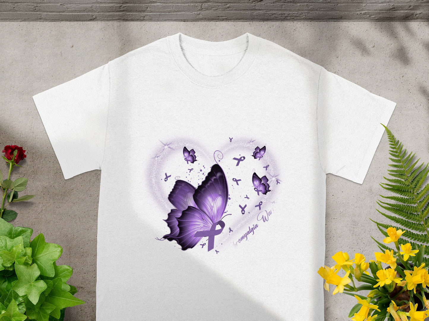 Fibromyalgia Warrior White Shirt with Purple Butterflies