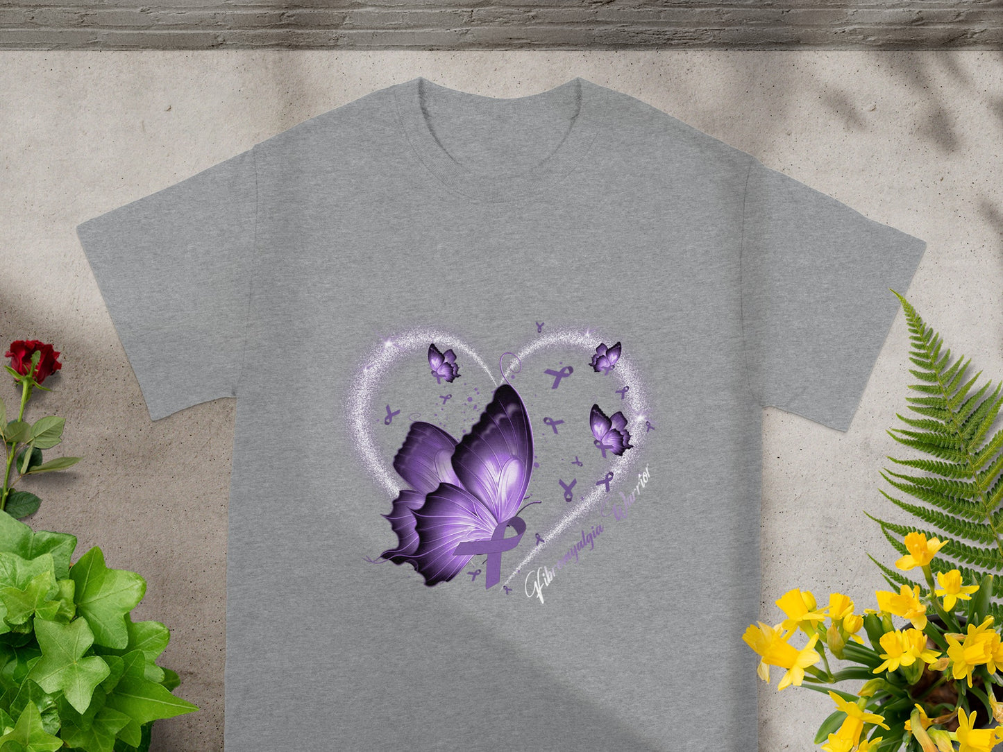 Purple Butterfly and Flowers Heart Design T-shirt