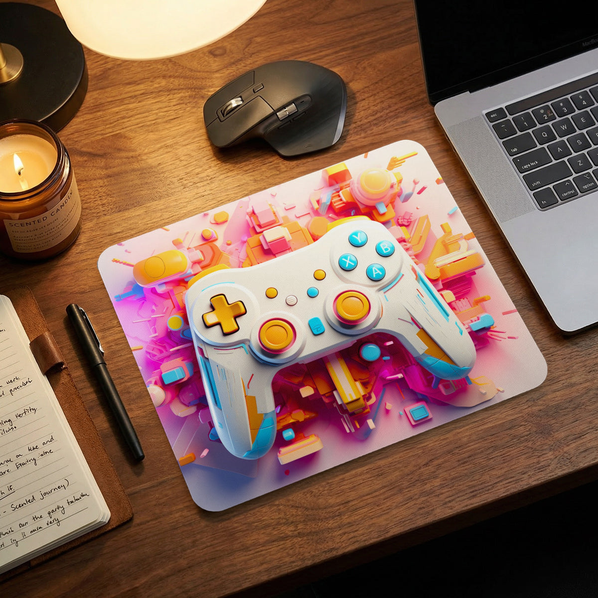 A white and colorful abstract gaming mouse pad sits on a wooden desk next to a laptop, mouse, and notebook.