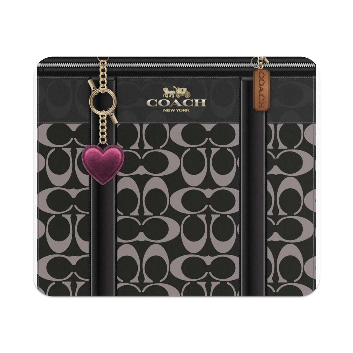 Black and grey Coach monogrammed wallet with heart and logo charms.