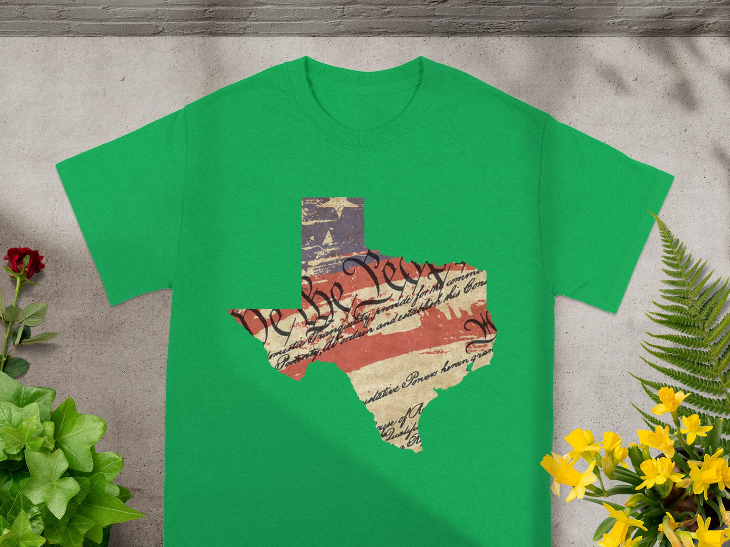 Green t-shirt with Texas map graphic featuring US Constitution text and stripes.
