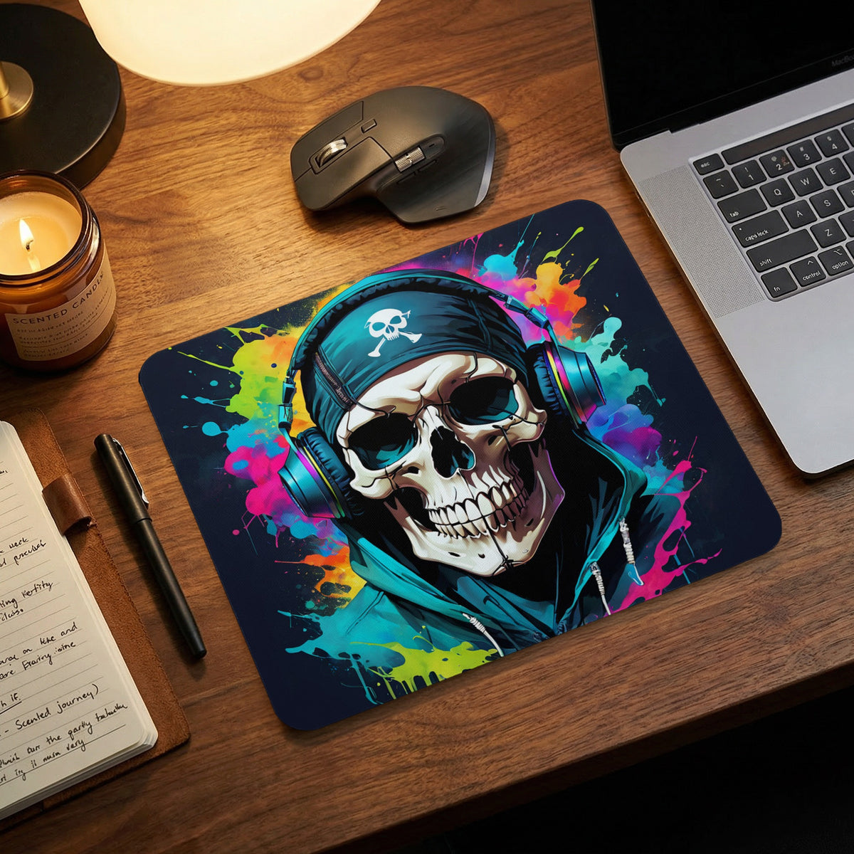 A rectangular mousepad featuring a colorful illustration of a skull wearing headphones on a wooden desk.