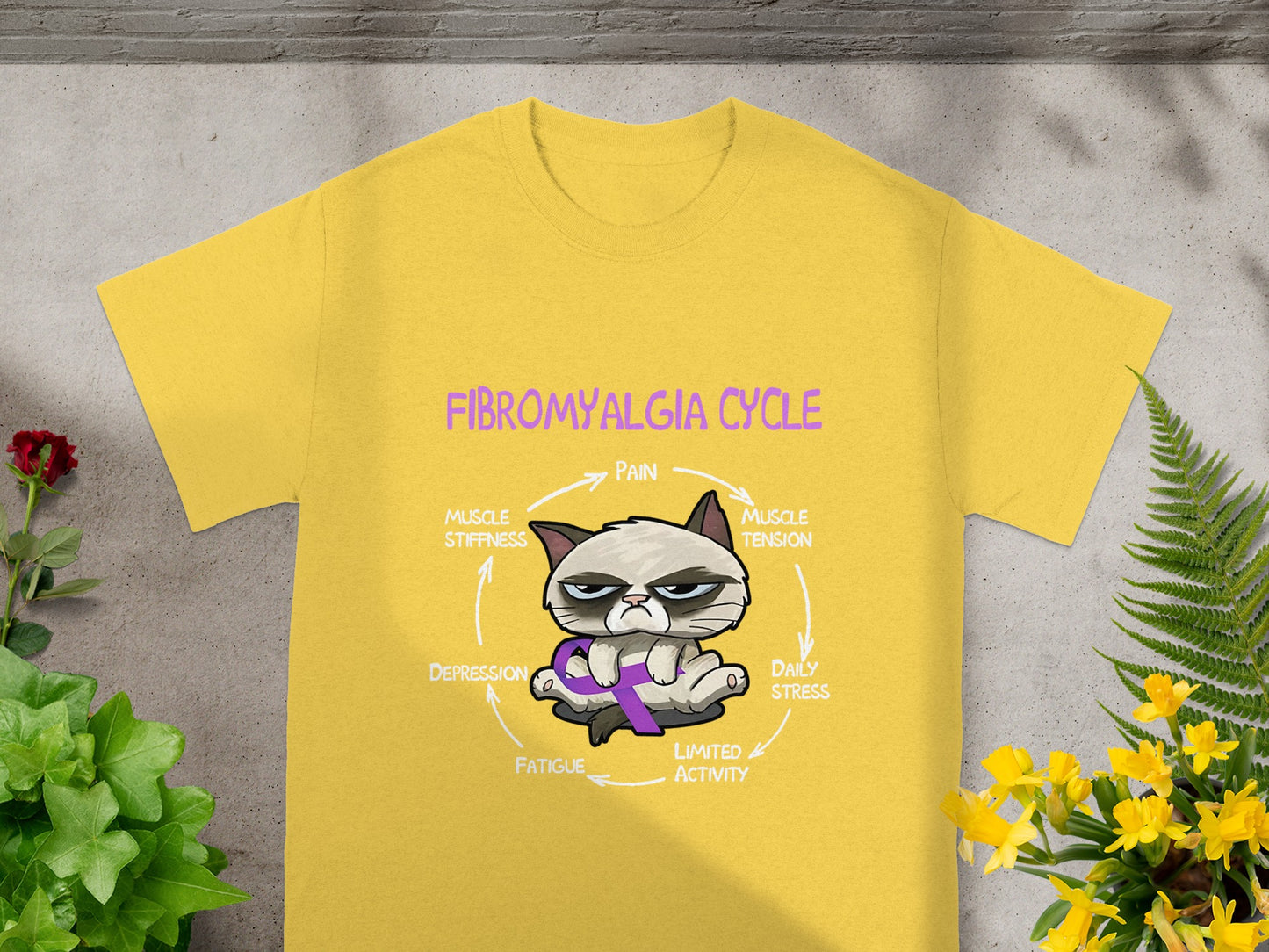 Fibromyalgia Cycle Cat Design Yellow T-Shirt