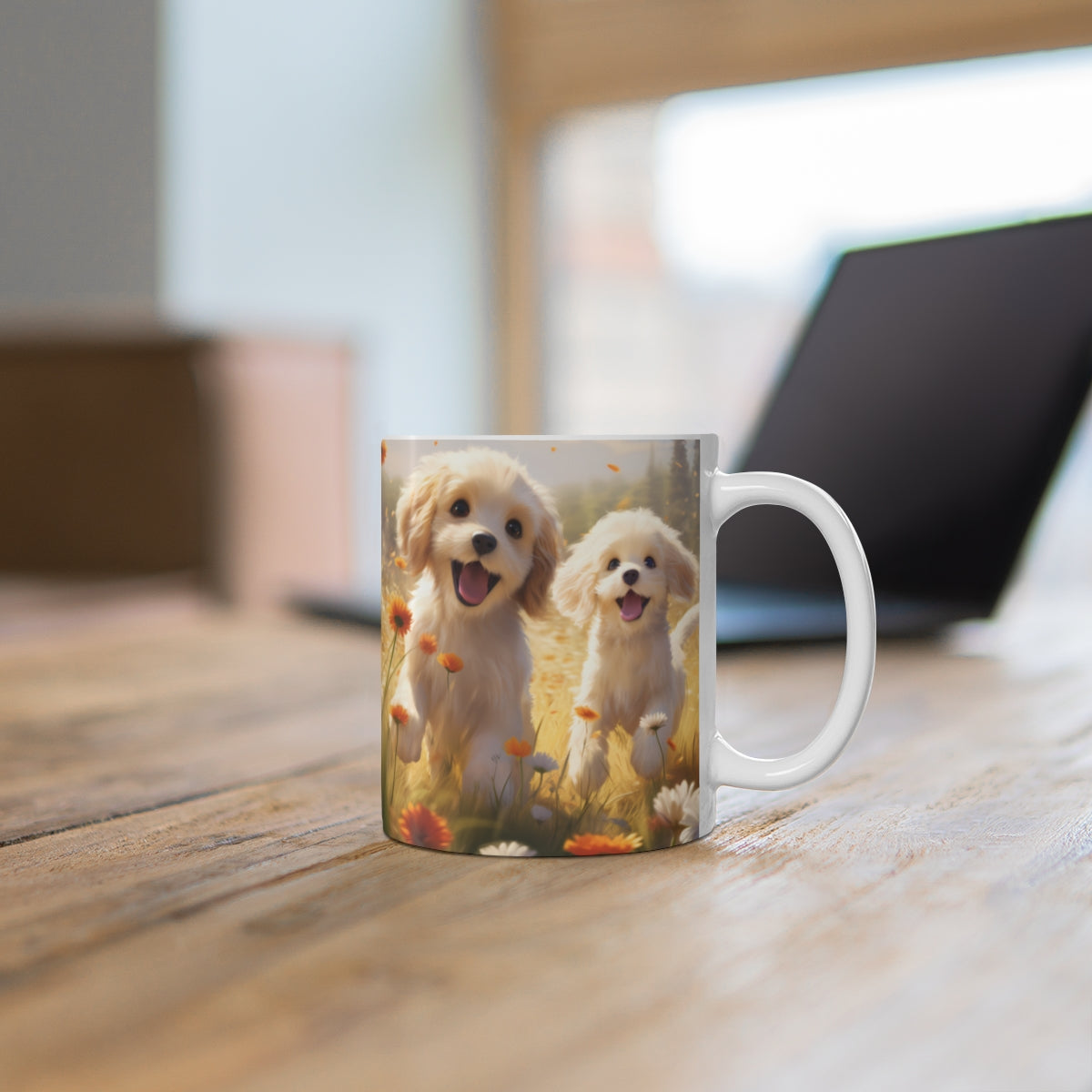 Cute Puppies Running in Flower Garden Mug
