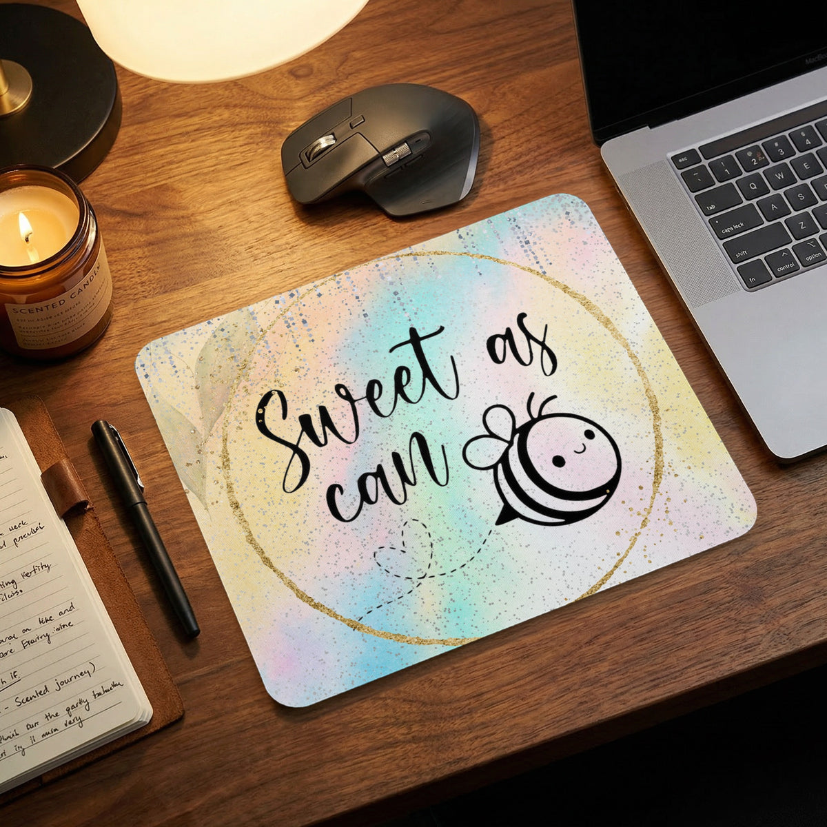 A pastel watercolor mousepad on a wooden desk, featuring the text Sweet as can be with a cute bee illustration.