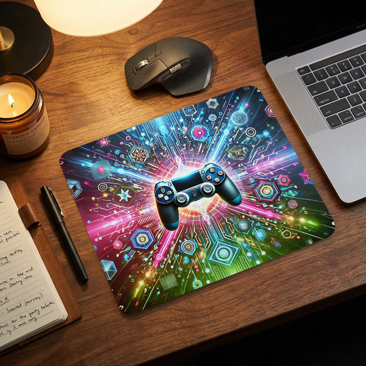 A gaming mousepad featuring a vibrant cyberpunk controller graphic rests on a wooden desk with accessories.