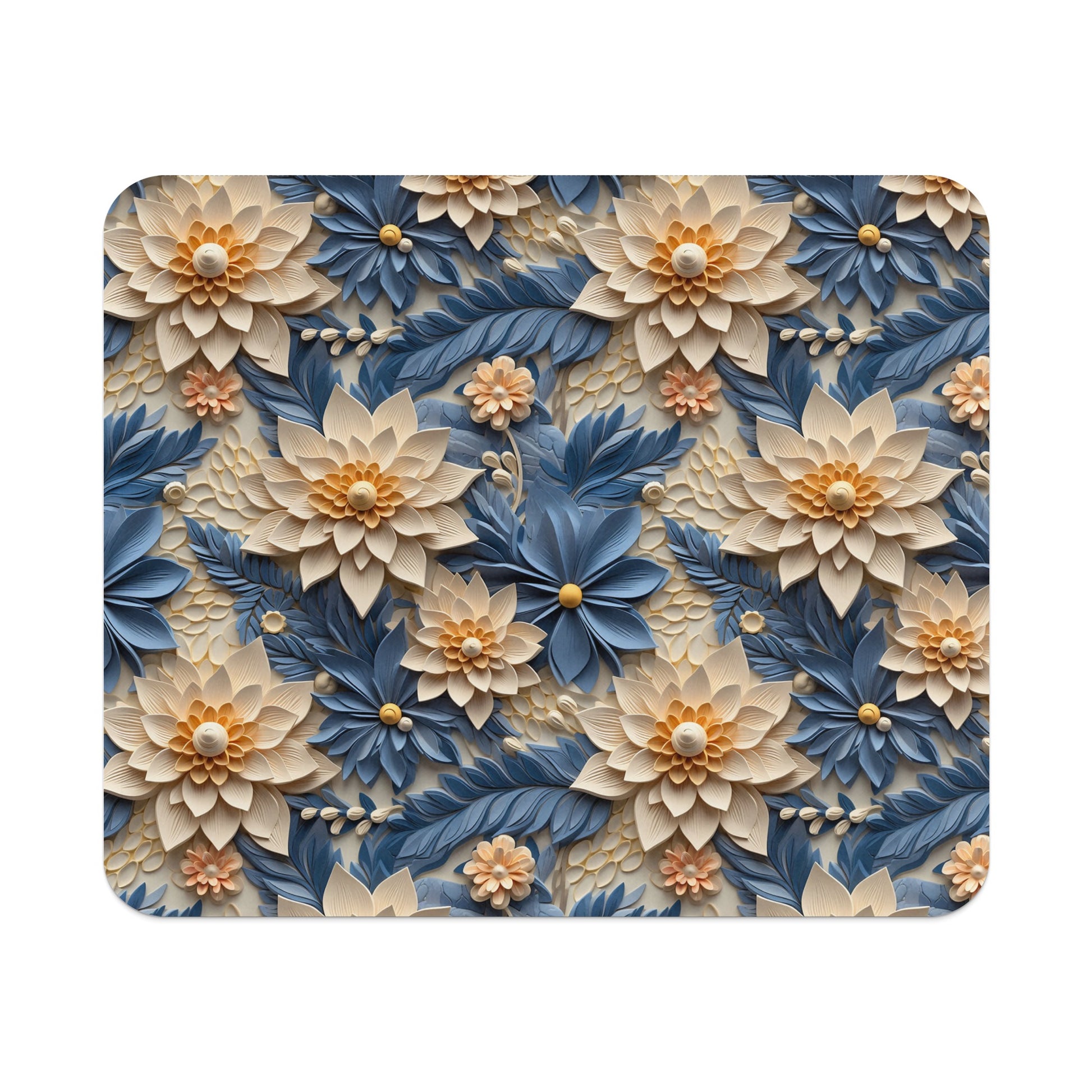 Elegant Floral Pattern in Blue and Cream Mouse Pad