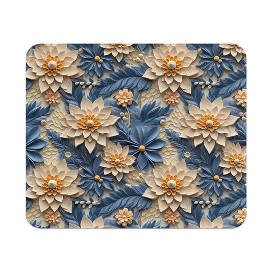 Elegant Floral Pattern in Blue and Cream Mouse Pad