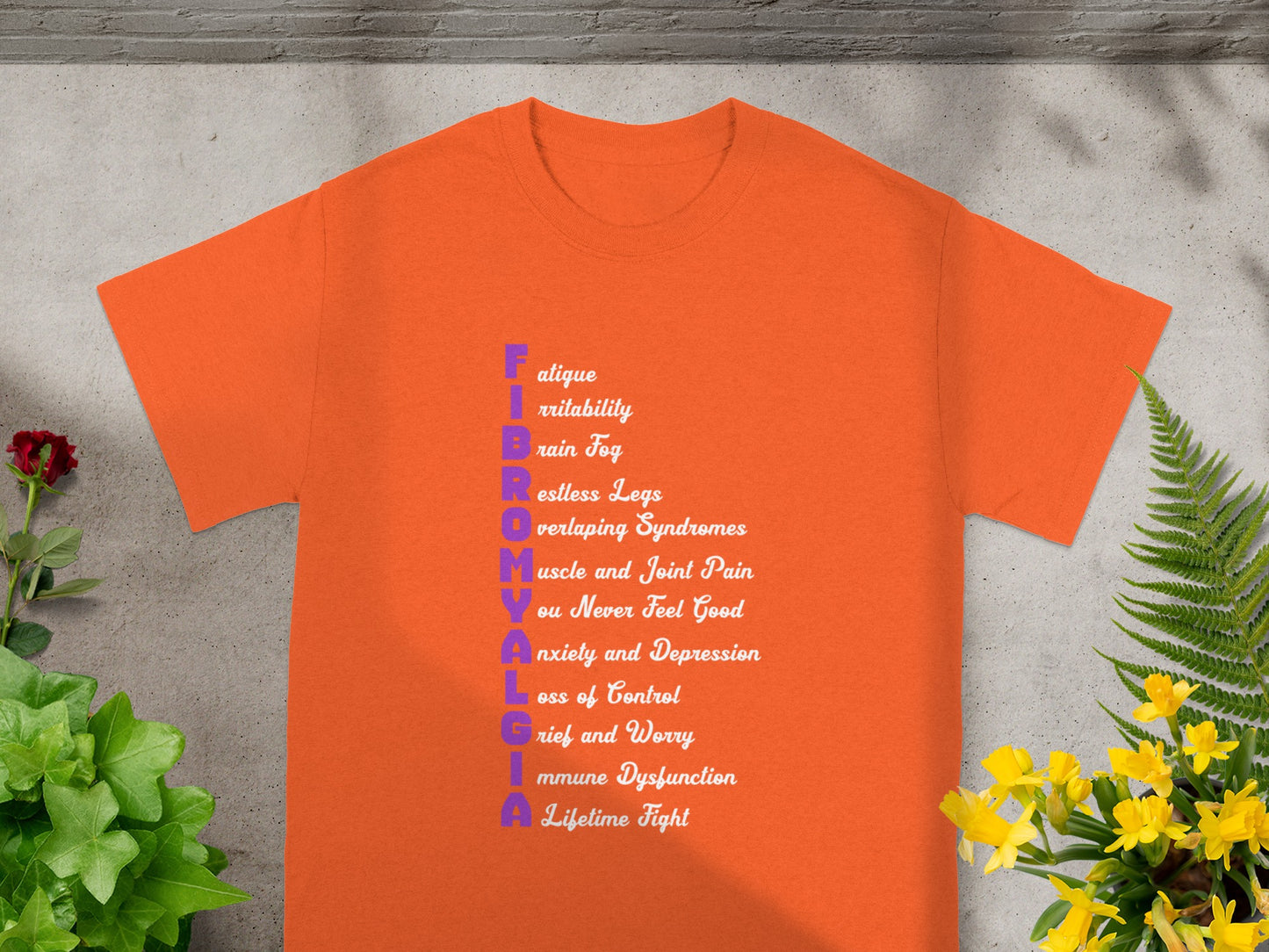 Fibromyalgia Symptoms Design on Orange T-Shirt