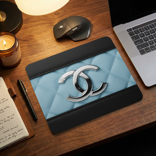 Quilted light blue and black mousepad with a silver double C logo.