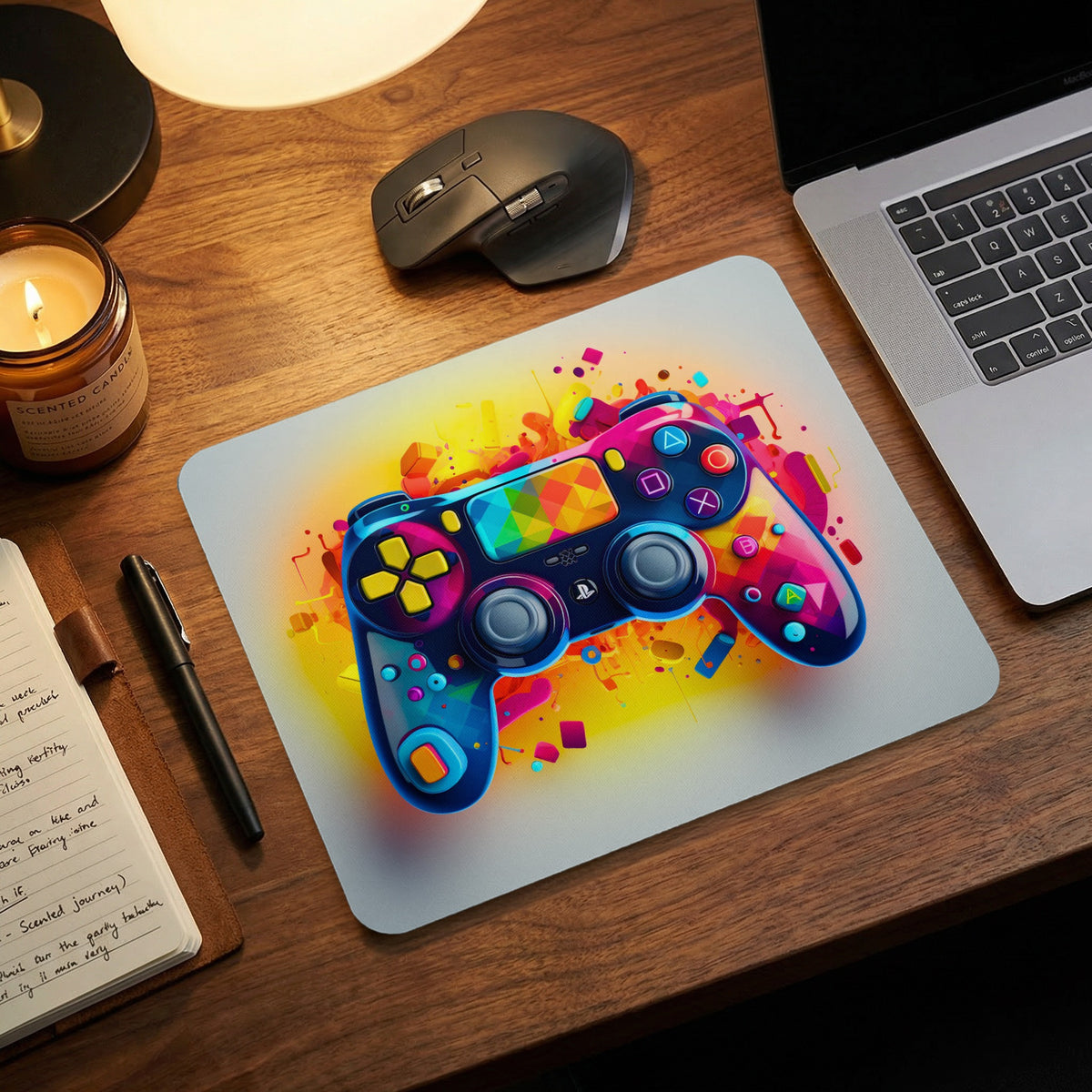 A rectangular mousepad featuring a colorful, abstract video game controller graphic on a wooden desk.